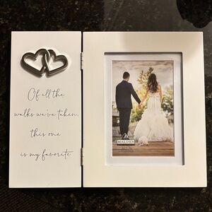 White Hinged Wedding Frame with Silver Interlocking Hearts 4 x 6